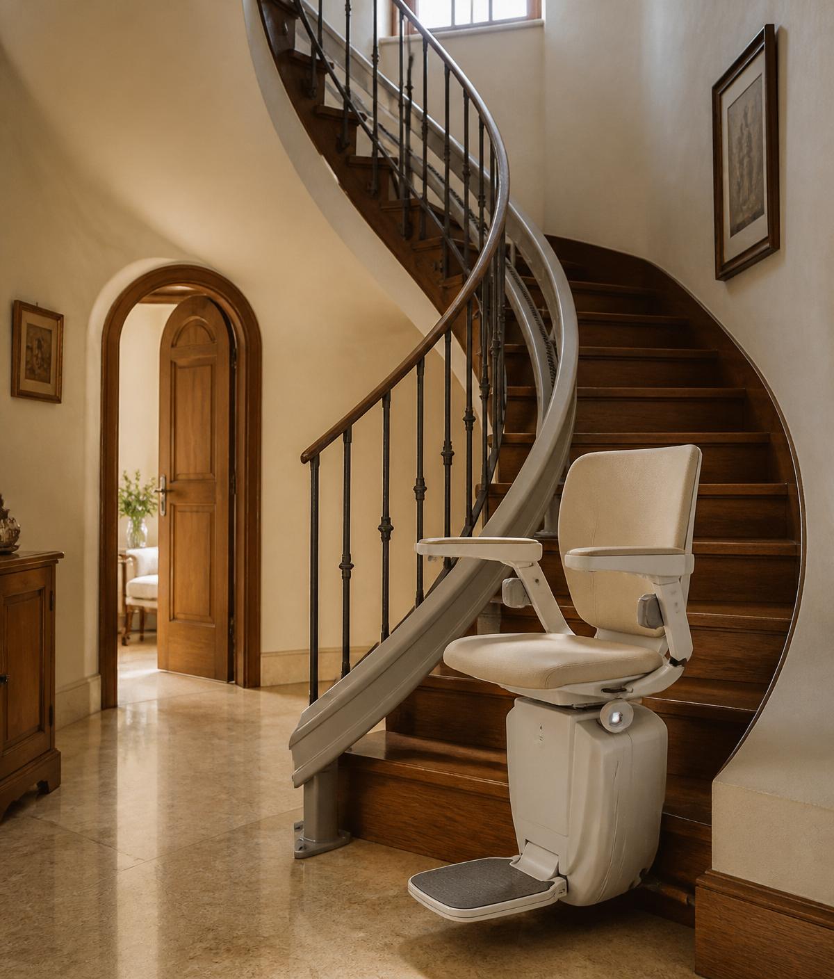 Montascale Otolift installato su scala curva in legno